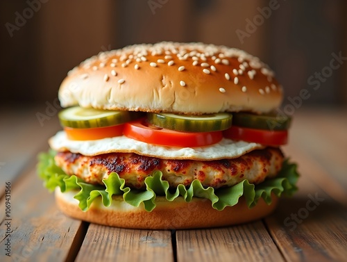 Ufo Chicken Burger on wood table. Sandwich with chicken burger, tomatoes, pickled cucumber and fried egg. Fresh tasty chicken burger on wooden table.