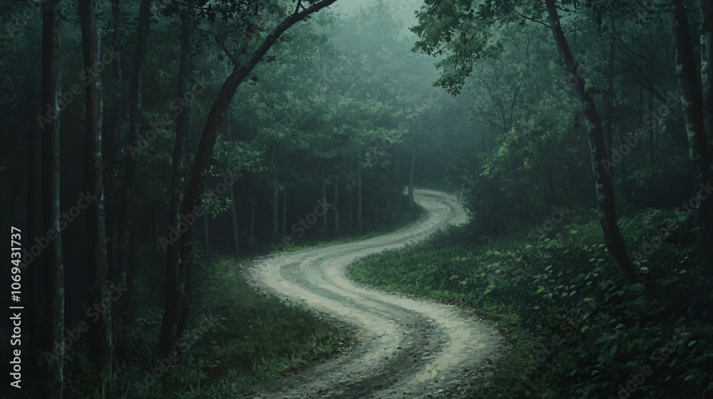Fototapeta premium A winding dirt road that disappears into a dark forest filled with ominous sounds.