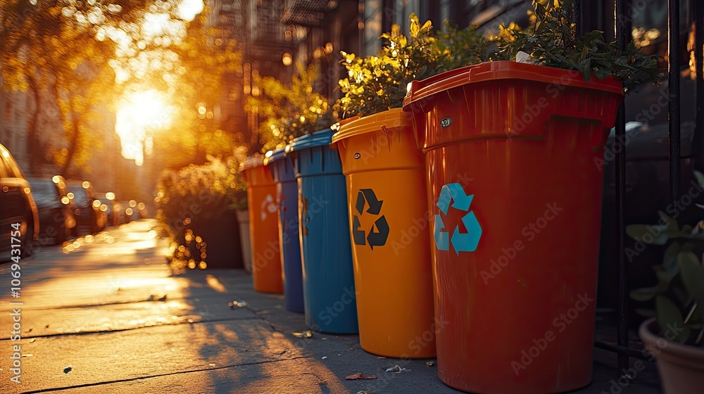 Colorful recycling bins lined up on a sunset street Colorful recycling bins lined up on a sunset street