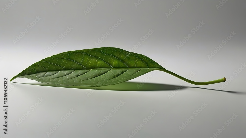 A single green leaf displayed on a smooth surface. A single green leaf displayed on a smooth surface.