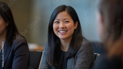 A woman with long black hair is smiling at the camera. Generative AI