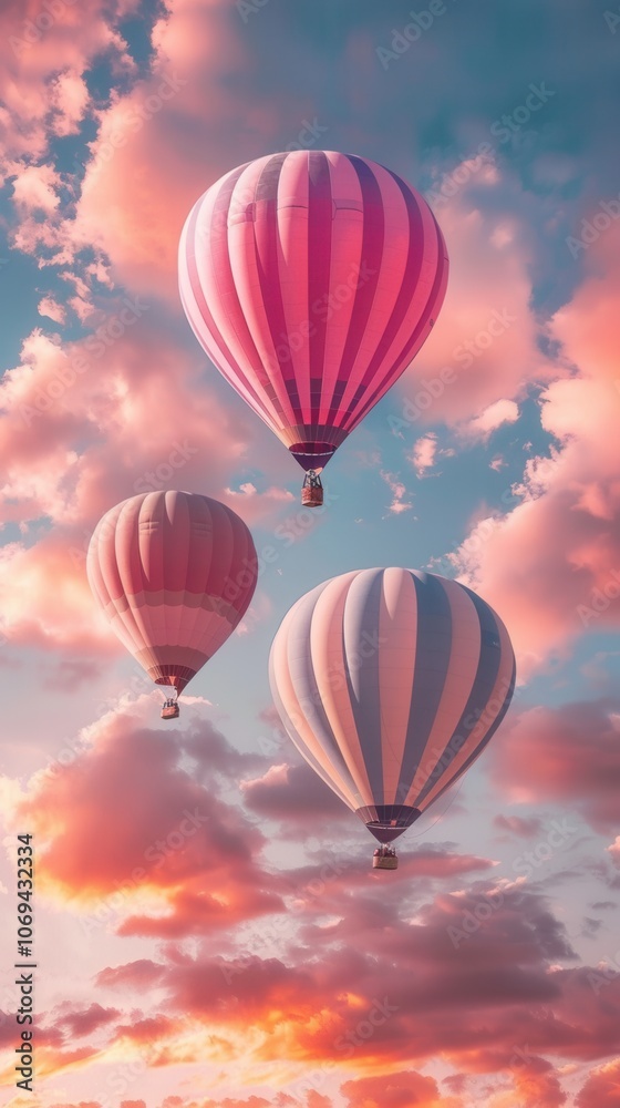 Fototapeta premium Early morning light illuminating hot air balloons soaring through a calm, clear sky..