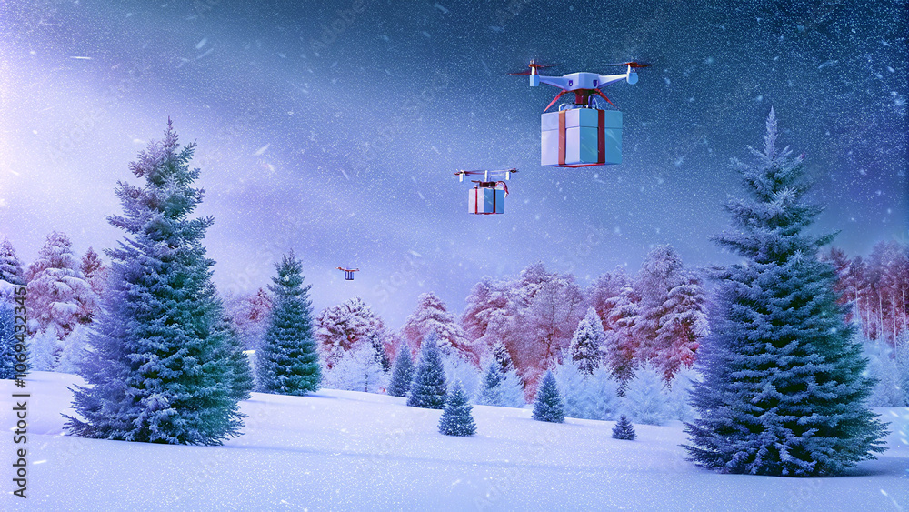 Obraz premium A group of drones carrying Christmas presents over a snowy landscape. Concept of Santa using drones to deliver presents from the North Pole.