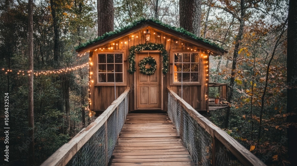 Cozy treehouse adorned with lights and wreath in autumn forest Cozy treehouse adorned with lights and wreath in autumn forest