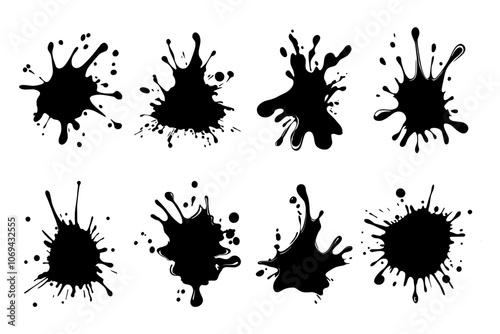Collection of vector black ink splatters in various shapes, perfect for grunge designs, textures, or creative backgrounds.