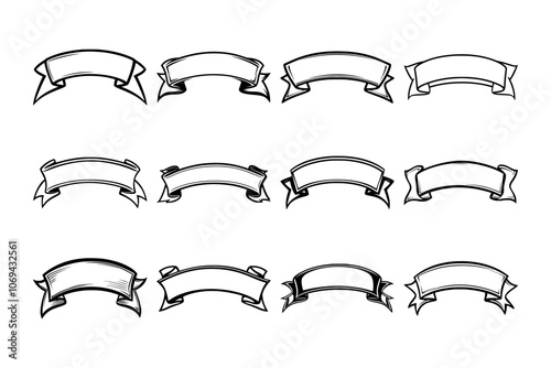 Collection of twelve vector banner ribbons in various styles, ideal for adding vintage or decorative elements to graphic designs.