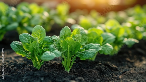 Fresh green spinach growing in rich dark soil under sunlight photo