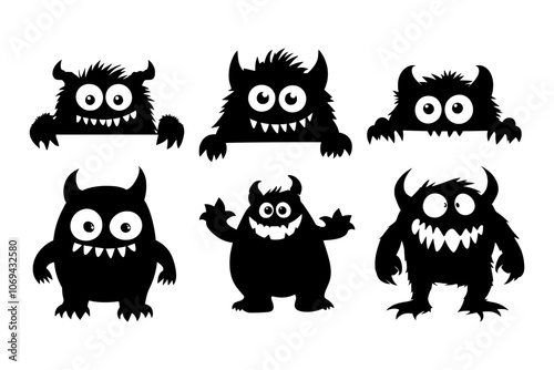 Collection of playful black monster silhouettes with big eyes and sharp teeth, perfect for Halloween or children’s designs and decorations.