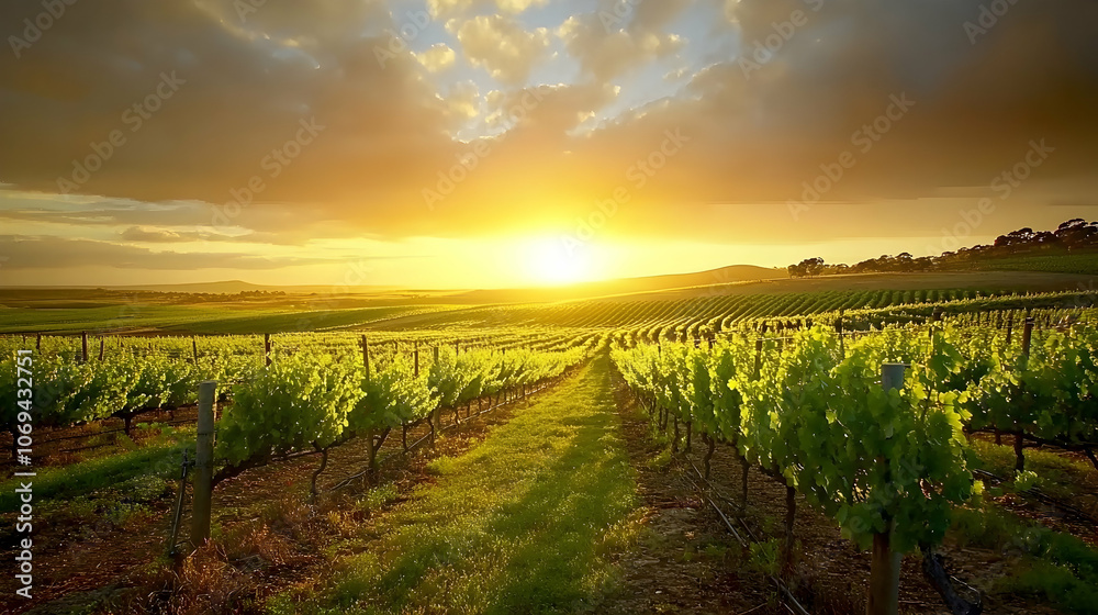 Naklejka premium A beautiful sunset over a vineyard, the sun shining through the clouds.