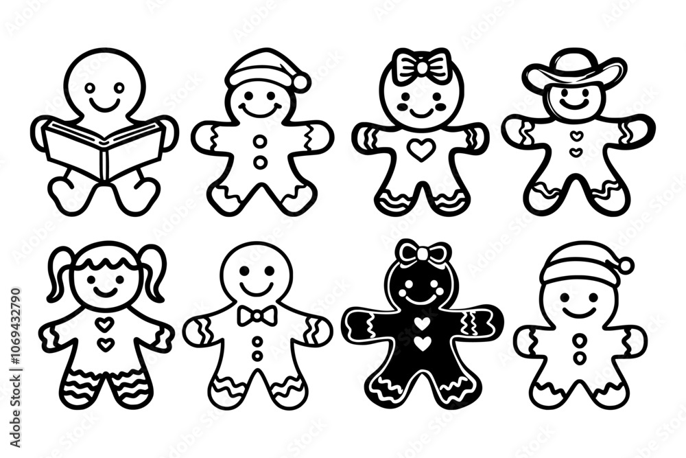 Vector illustrations of various gingerbread characters with unique outfits and expressions, perfect for Christmas or holiday designs. Vector illustrations of various gingerbread characters with unique outfits and expressions, perfect for Christmas or holiday designs.