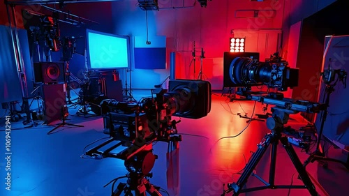 A vibrant studio setup featuring cameras, lighting equipment, and screens, designed for video production or photography. The colorful lighting creates a dynamic atmosphere.