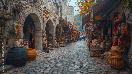 Old Stone Market Building with Artisan Stalls and Cobblestone Streets photo