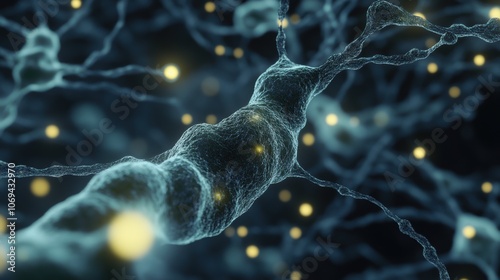 A close up of a nerve cell with many small glowing dots surrounding it. Generative AI