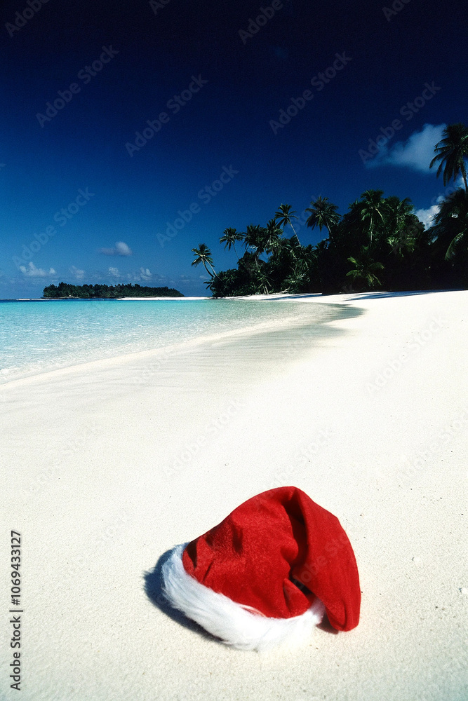 Christmas hat or Santa hat hung on a chair on the beach with concept Christmas vacation, Santa on holiday Christmas hat or Santa hat hung on a chair on the beach with concept Christmas vacation, Santa on holiday