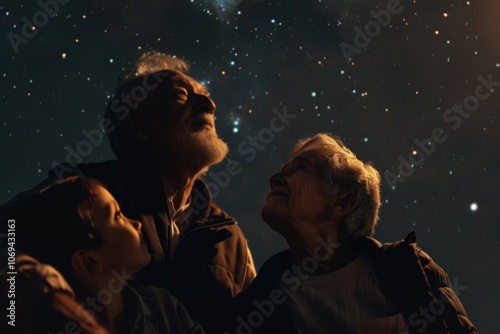 Generational bonding under starlit sky minimalist dimlit chestup portrait photo