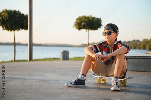 фотографія A young skater boy sits calmly on a skateboard in a bustling skate park on a sun