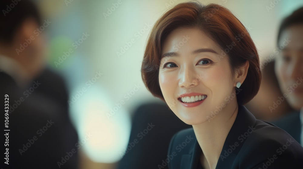 A woman with a short haircut and a black suit is smiling. Generative AI A woman with a short haircut and a black suit is smiling. Generative AI