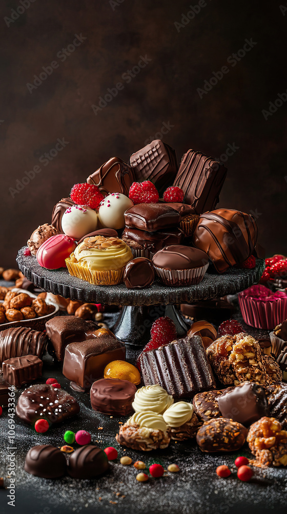 Delicious Assortment of a Wide Variety of Various Chocolates Set Against a Dark Background Delicious Assortment of a Wide Variety of Various Chocolates Set Against a Dark Background