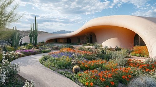 Minimalist Desert Museum with Curved Walls and Cacti Courtyards