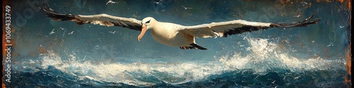 A white albatross flies low over a choppy sea, its wings spread wide.