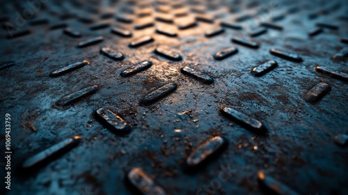 Industrial factory floor shot, close-up on the diamond pattern metal tread plate, aged with grime and scratches, overhead light creating soft reflections photo