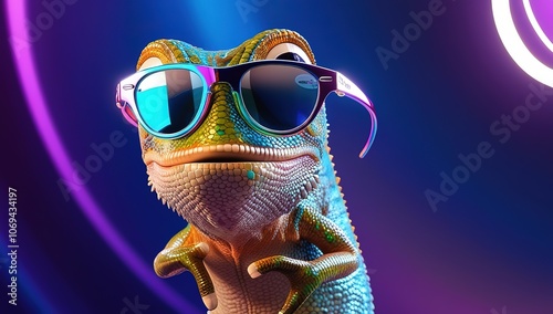 A stylish lizard wearing sunglasses against a colorful background.