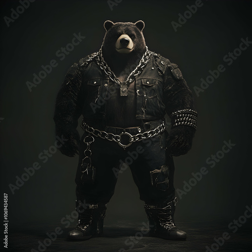 A black bear dressed in a biker jacket and jeans stands against a dark background. photo