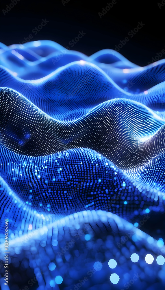 Abstract Digital Illustration of Illuminated Blue Waves with Mesh Pattern - Abstract Digital Illustration of Illuminated Blue Waves with Mesh Pattern -