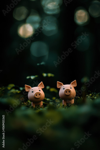 Adorable Toy Pigs in a Mystical Forest Setting photo