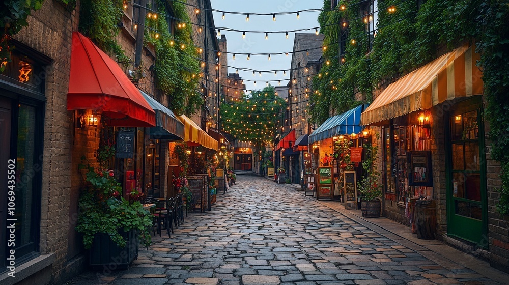 Fototapeta premium Charming Cobblestone Alley with Shops and String Lights