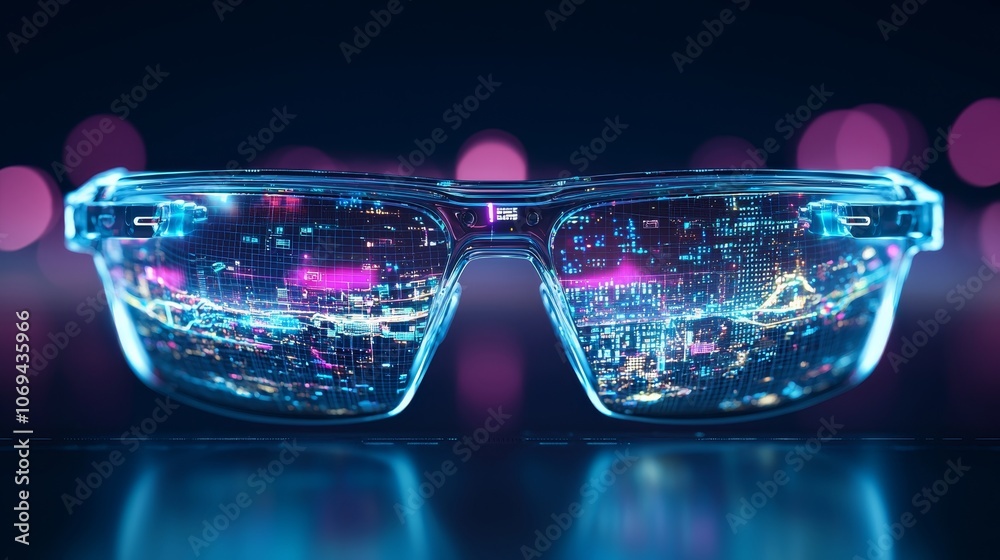 Sleek tech glasses with holographic 3D maps hovering in front, showing urban navigation, deep blue night sky, glowing city lights, cyber-style Sleek tech glasses with holographic 3D maps hovering in front, showing urban navigation, deep blue night sky, glowing city lights, cyber-style
