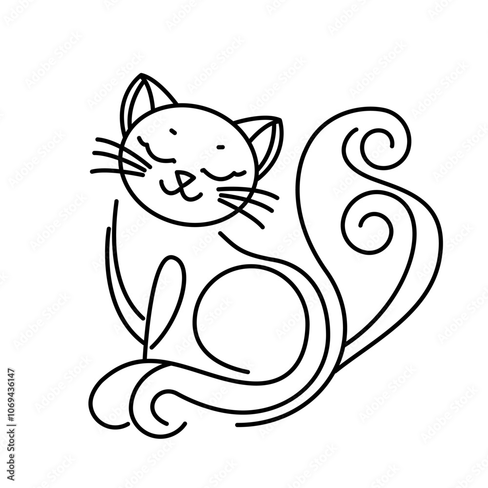 Cute and funny cat in linear style. Flat vector illustration on white background Cute and funny cat in linear style. Flat vector illustration on white background