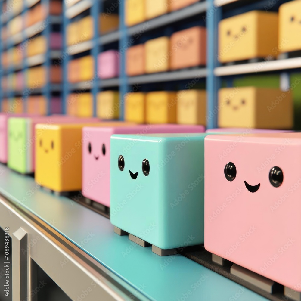 Colorful smiling boxes in a warehouse, showcasing cheerful logistics and storage.