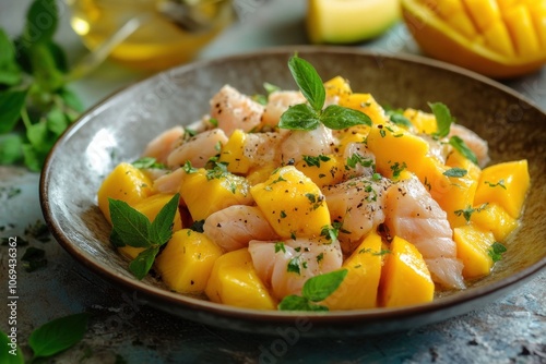 Fresh mango and fish salad with herbs and spices in a bowl