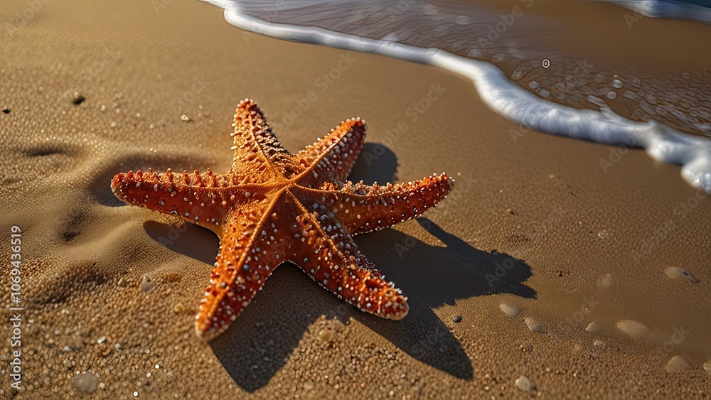 A vibrant starfish resting on sandy beach near gentle waves. A vibrant starfish resting on sandy beach near gentle waves.