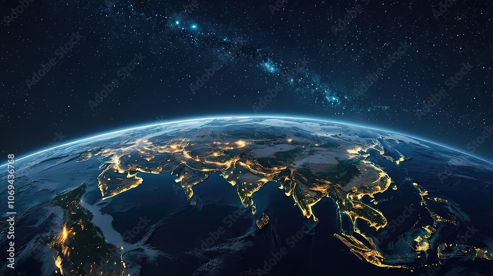 Obraz premium A view of Earth at night, highlighting Asia's illuminated cities.