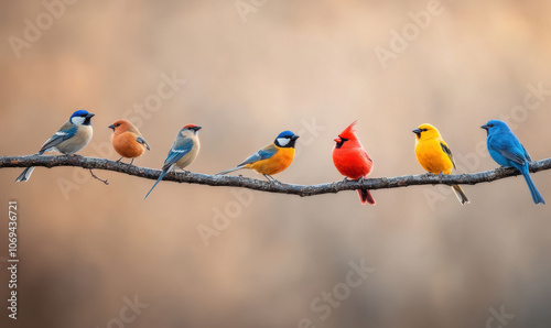 Vibrant Array of Colorful Birds Perched Gracefully on a Branch photo