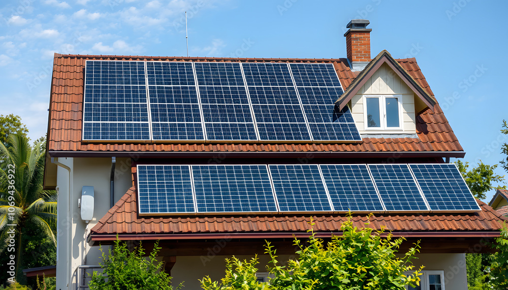 Fototapeta premium Solar panels producing clean energy on a roof of a residential house isolated with white highlights, png