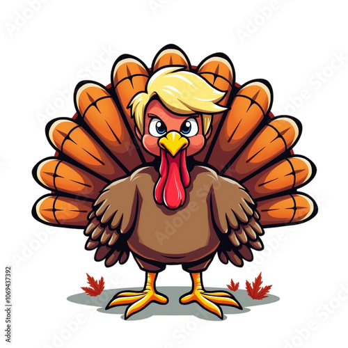 A cartoon turkey with a blonde hairstyle and a tie stands amidst pumpkins and fall leaves photo