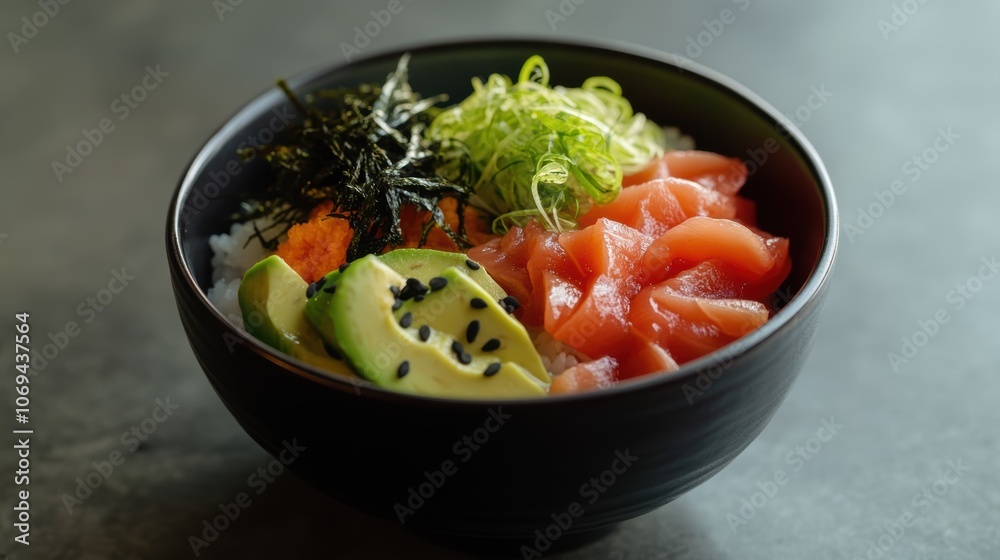 Delicious sushi rice bowl with fresh toppings - culinary delight and healthy meal idea Delicious sushi rice bowl with fresh toppings - culinary delight and healthy meal idea