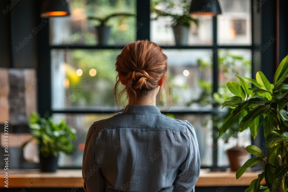 Businesswoman looking out the window contemplating the view Businesswoman looking out the window contemplating the view