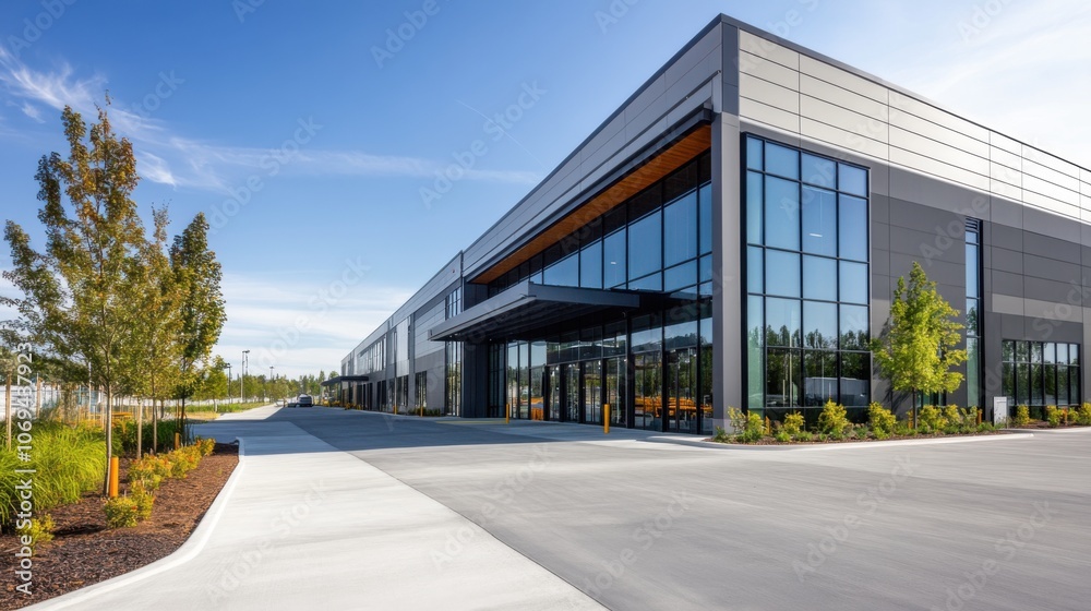 Modern Warehouse with Large Glass Facade and Clear Sky Modern Warehouse with Large Glass Facade and Clear Sky