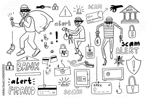 Set of bank thieves in doodle style. Bank card, credit card, safe deposit, cheater, alarm system, fishing, scam, alert, finance, bag money. Hand drawn. Great for banners, web pages, posters, stickers