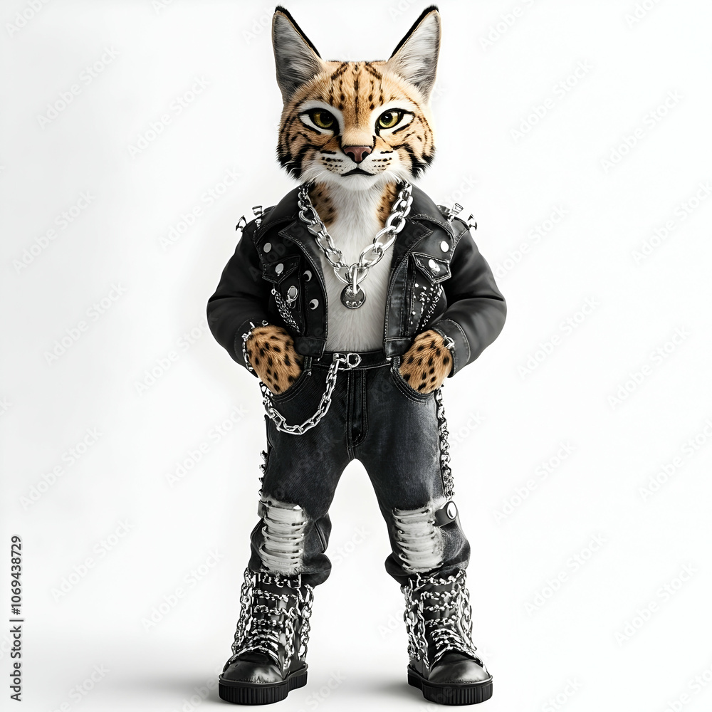 A bobcat wearing a leather jacket, jeans, boots, and chains stands with a confident expression. A bobcat wearing a leather jacket, jeans, boots, and chains stands with a confident expression.