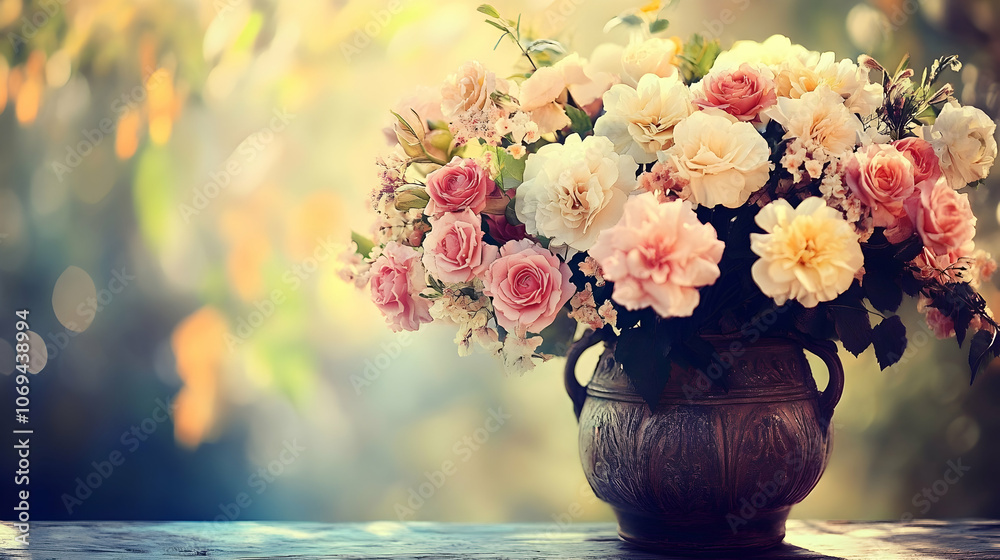 A bouquet of pink and white roses in a terracotta vase on a wooden table with a blurred green background. A bouquet of pink and white roses in a terracotta vase on a wooden table with a blurred green background.