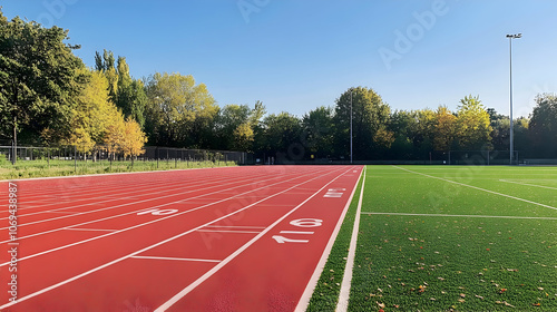 Red plastic track marked with numbers on a sports field   - photo