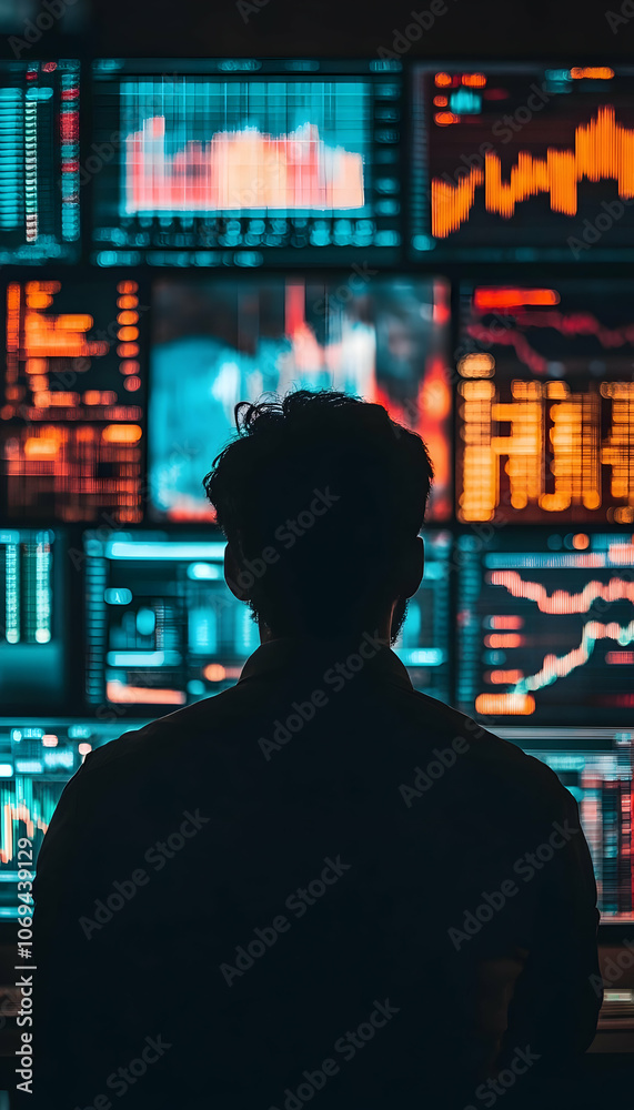 Silhouetted Figure Analyzing Market Trends on Multiple Screens - Silhouetted Figure Analyzing Market Trends on Multiple Screens -