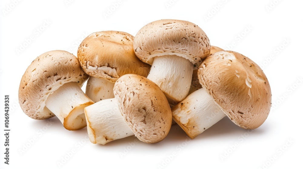 Close-up of fresh Champignon mushrooms with crisp white caps and light brown gills, perfectly isolated on a clean white background, highly detailed textures Close-up of fresh Champignon mushrooms with crisp white caps and light brown gills, perfectly isolated on a clean white background, highly detailed textures