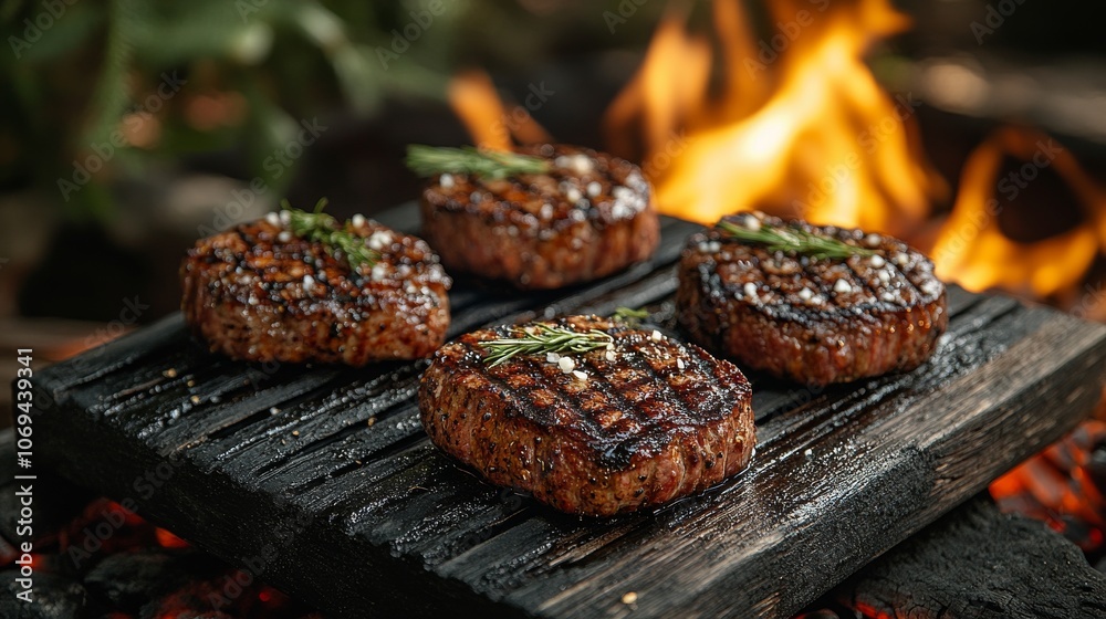 Grilled beef steaks with rosemary on wooden plank, outdoor barbecue. Culinary and gourmet cooking concept Grilled beef steaks with rosemary on wooden plank, outdoor barbecue. Culinary and gourmet cooking concept