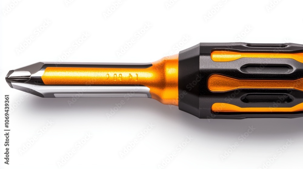Top-down view of orange and black ergonomic screwdriver, detailed handle design, isolated on white background for product promotion